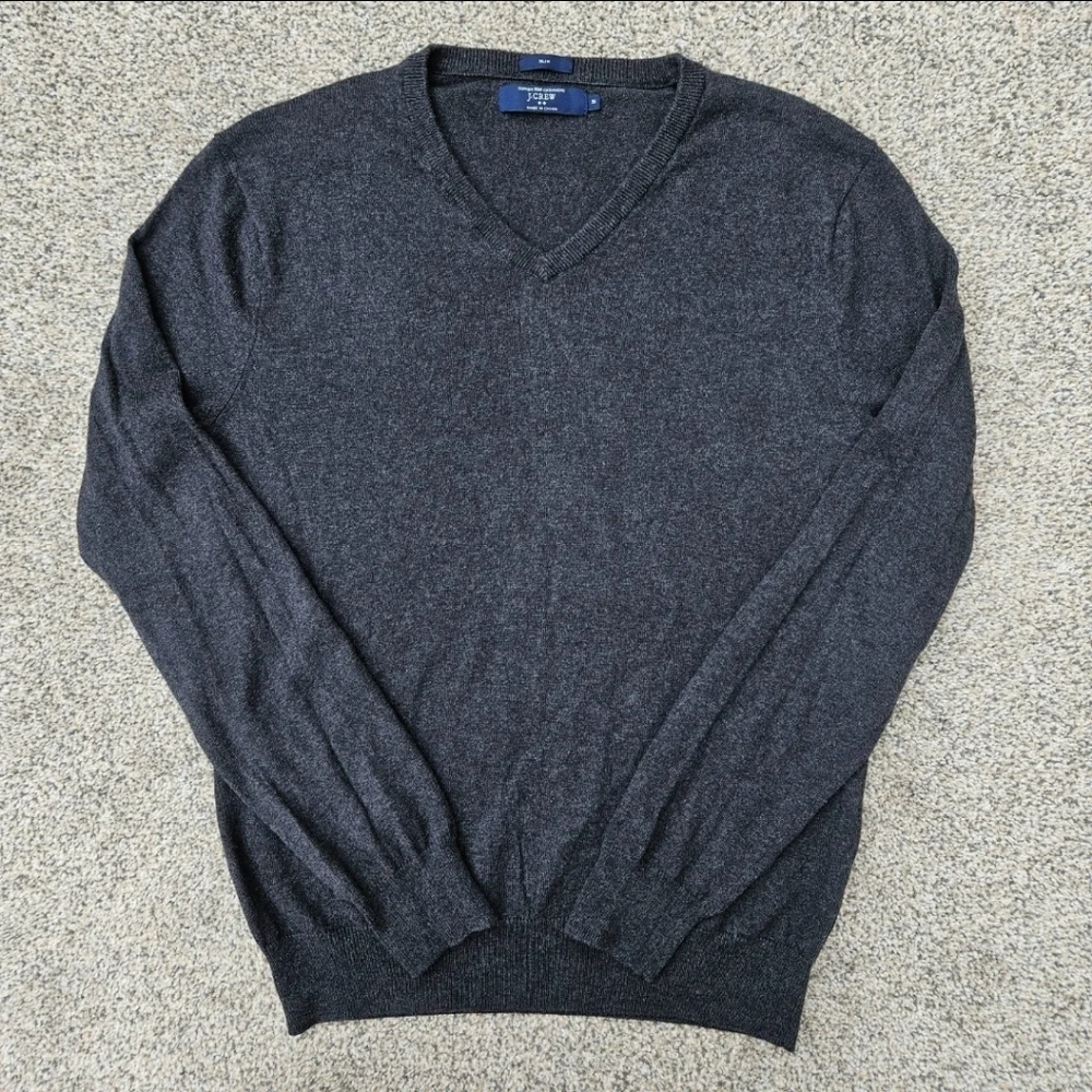 J Crew Cashmere Cotton Sweater Charcoal Gray V Neck Slim Fit Mens Size Medium